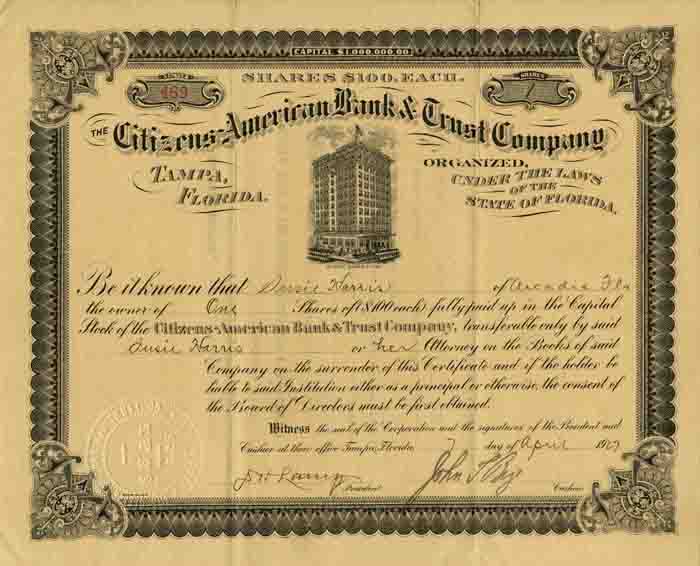 Citizens American Bank and Trust Co. - 1927 dated Tampa, Florida Banking Stock Certificate